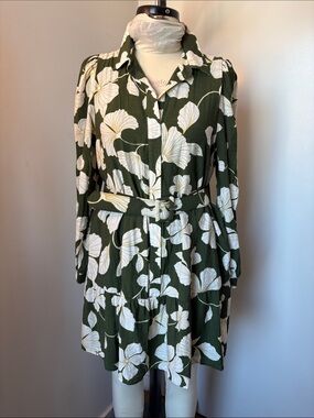 Laundry By Shelli Segal Olive Green Floral Long Sleeve Shirt Dress